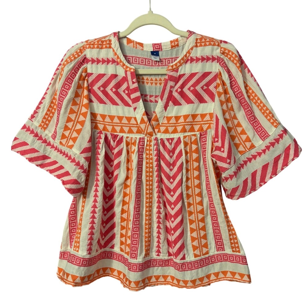 Old Navy‎ Bohemian Red Multi Geometric 100%Cotton Tribal Print Babydoll Top M
